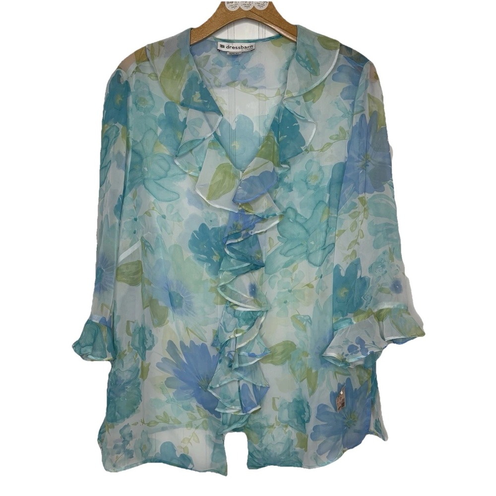 Dress Barn Blouse 3X Cascading Ruffle Watercolor Blue Floral Sheer Chiffon NWT